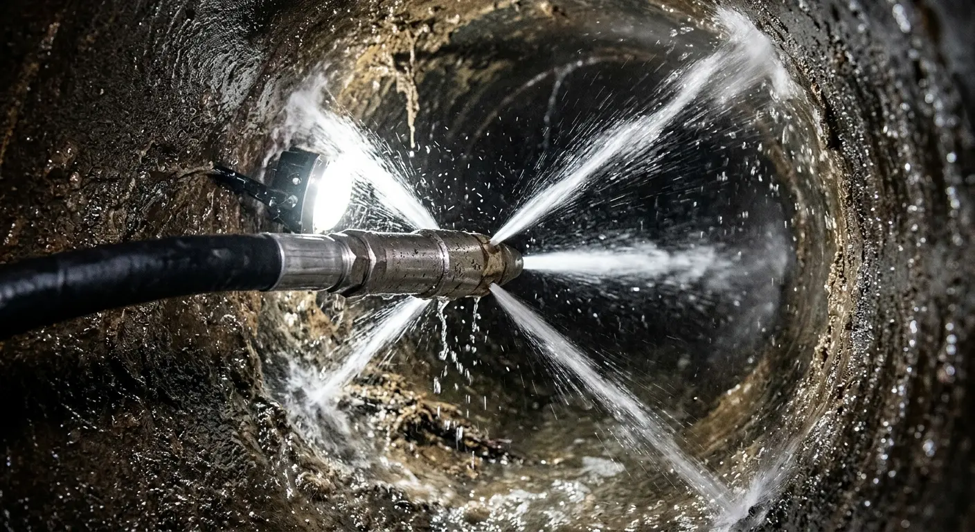 High-pressure hydro jetting nozzle cleaning sewer pipe for Emergency Drain Service in Central Point
