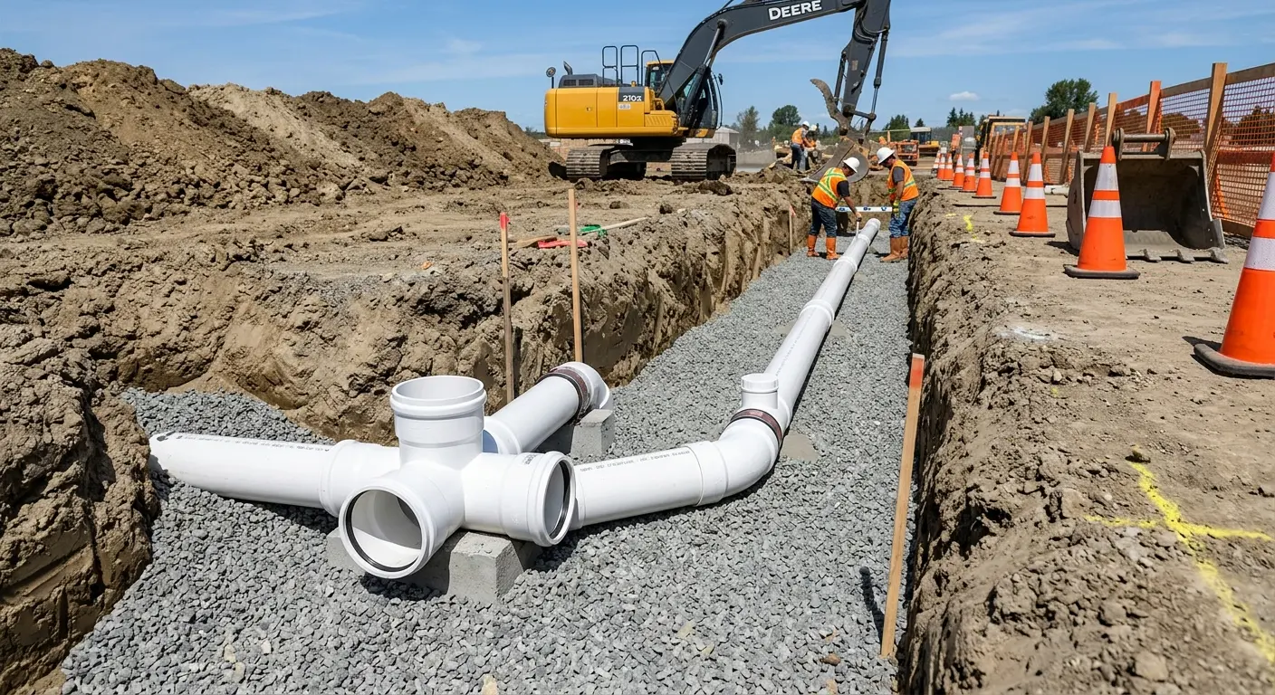 New PVC sewer pipe installation in open trench for Grease Trap Cleaning in Central Point
