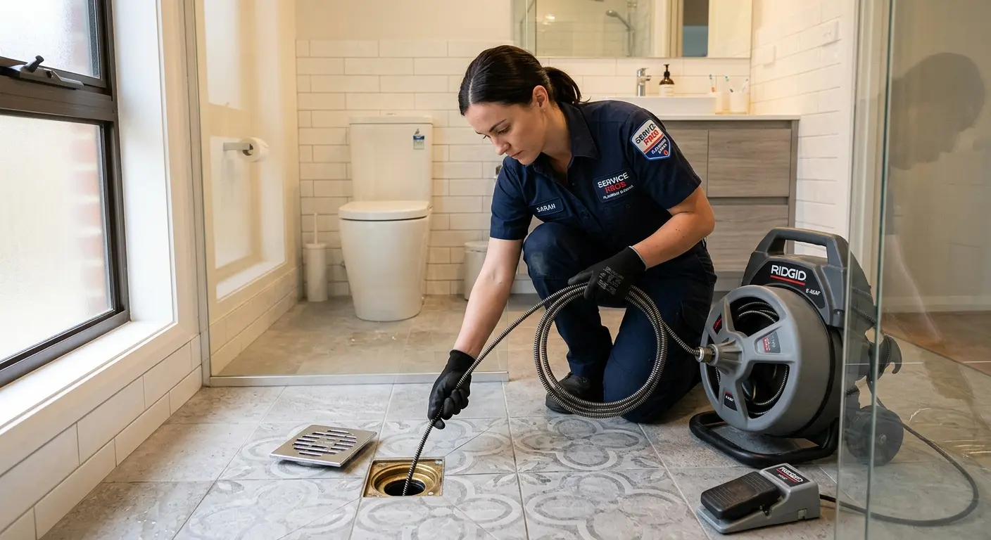 Technician clearing a bathroom floor drain for Drain Cleaning in Central Point